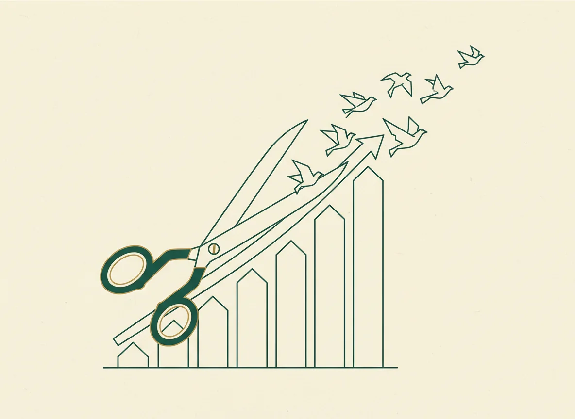 Scissors cutting a rising growth chart into paper birds